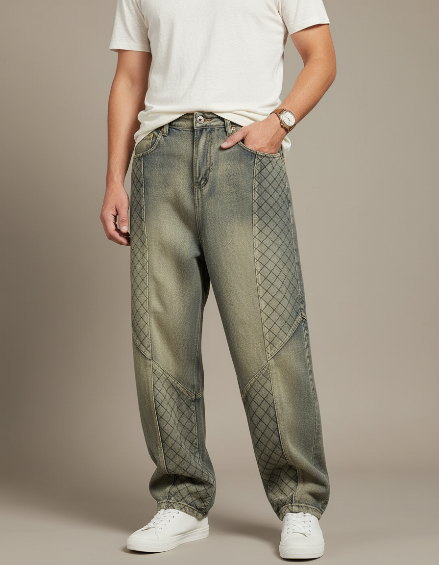 Pantalon Baggy Denim Décontracté Imprimé Losanges Homme - Kaki Jean