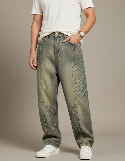 Pantalon Baggy Denim Décontracté Imprimé Losanges Homme - Kaki Jean