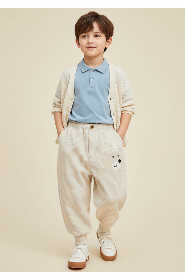Pantalon Baggy Côtelé Beige Brodé Ours Mignon Enfant - Cordé