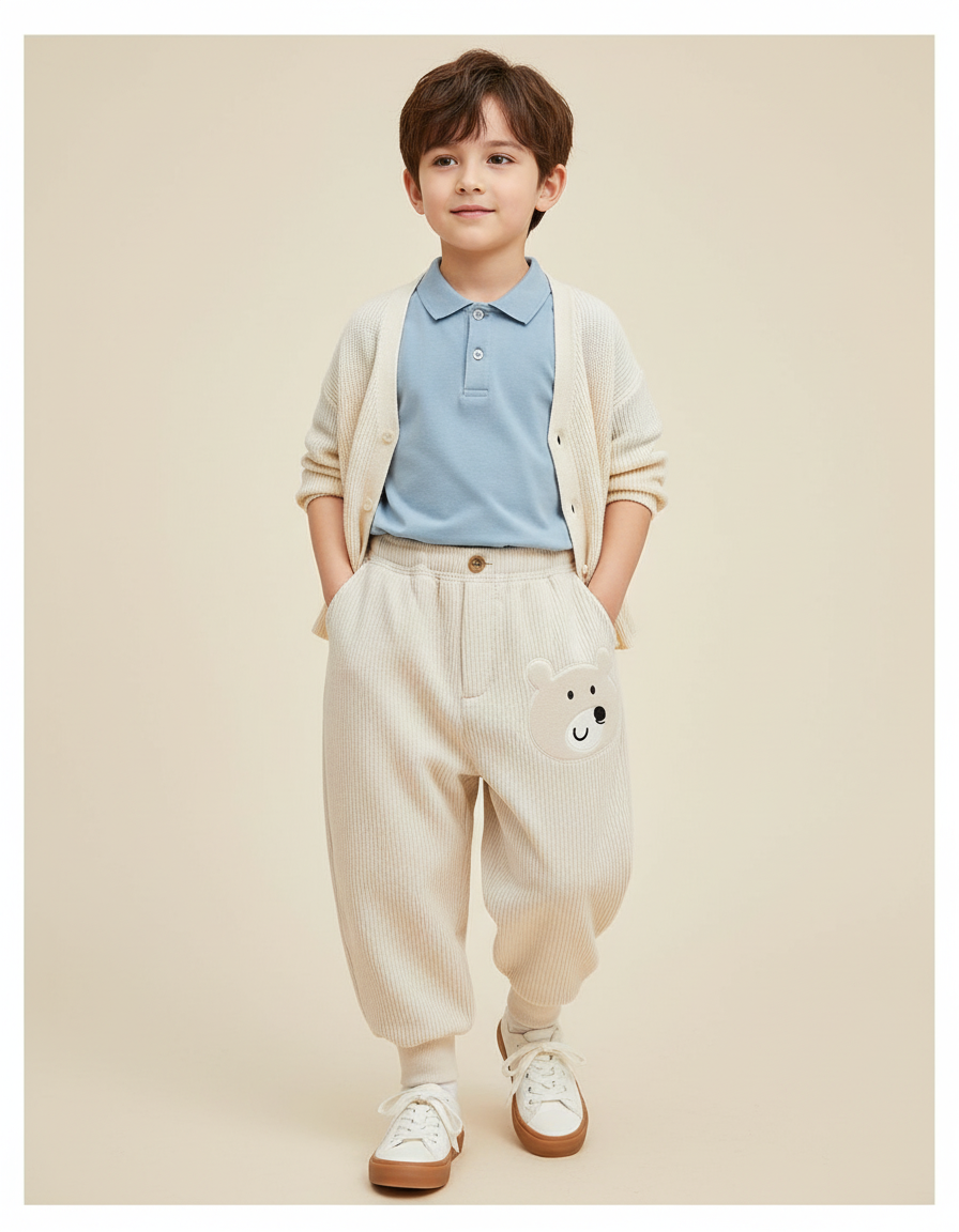 Pantalon Baggy Côtelé Beige Brodé Ours Mignon Enfant - Cordé