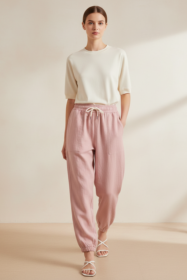 Pantalon Baggy Rose Fluide Cordon Décontracté Femme - Lin