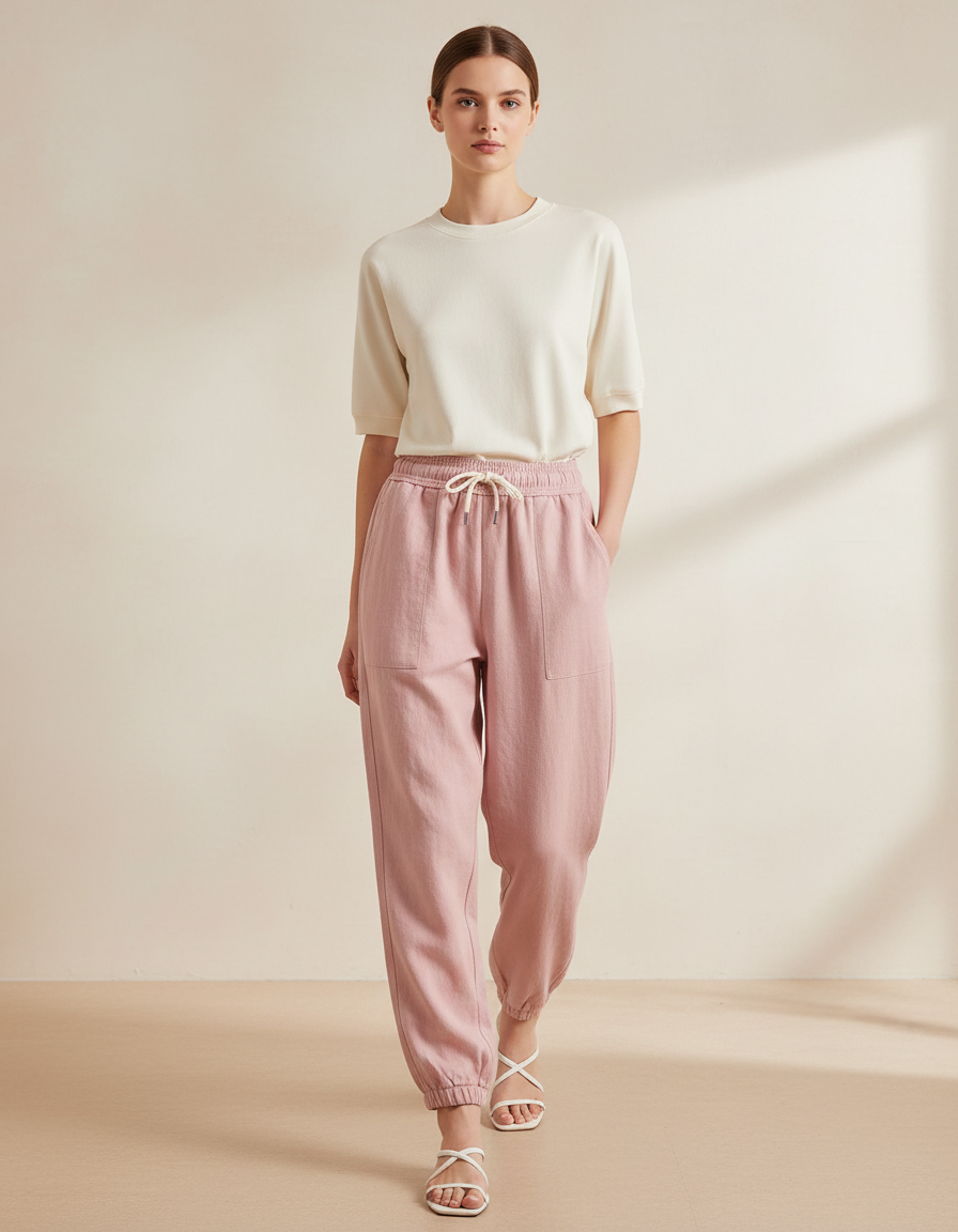 Pantalon Baggy Rose Fluide Cordon Décontracté Femme - Lin