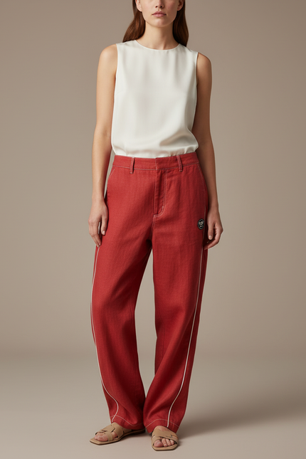 Pantalon Baggy Rouge Ample Coton Décontracté Rayures Blanches