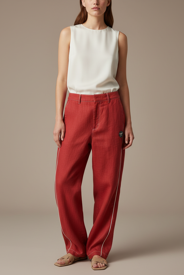Pantalon Baggy Rouge Ample Coton Décontracté Rayures Blanches