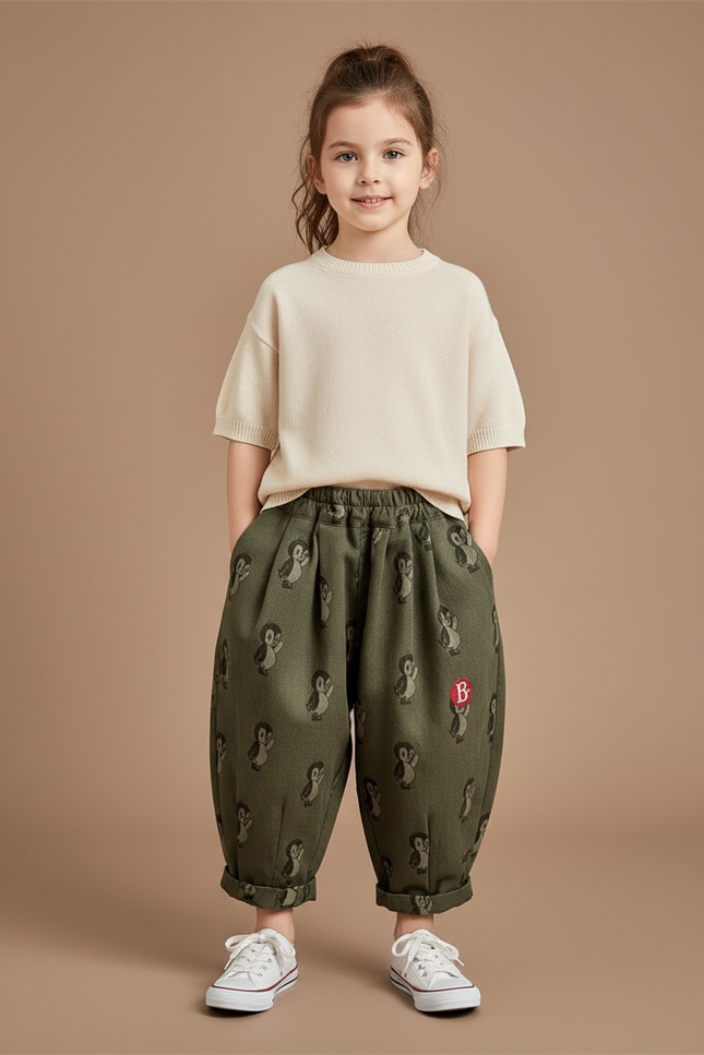 Pantalon Baggy Vert Ample Motif Pingouin Confortable - Kaki Molleton