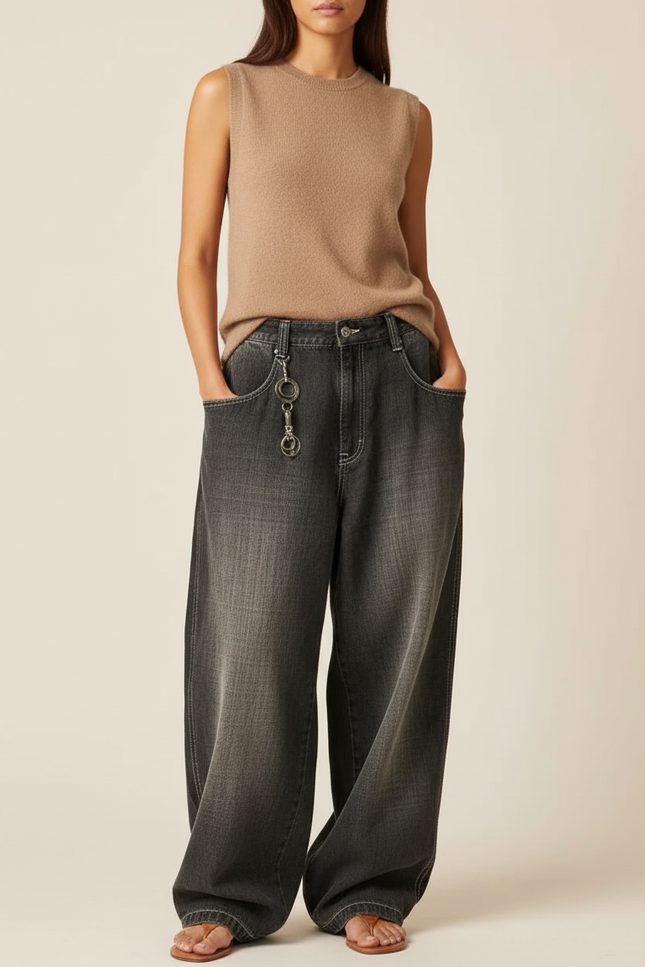 Pantalon Baggy Gris Ample Décontracté Femme - Jean