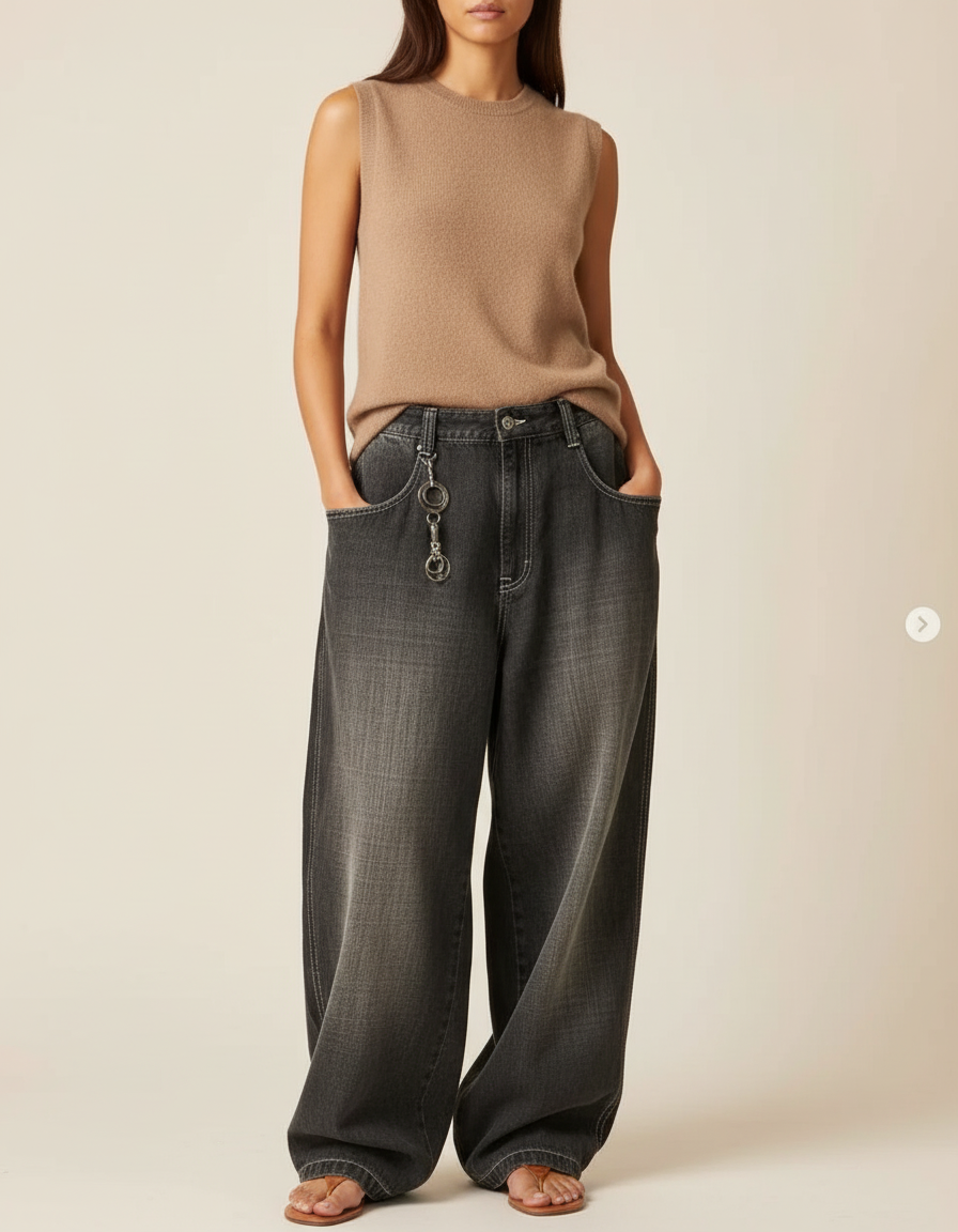 Pantalon Baggy Gris Ample Décontracté Femme - Jean