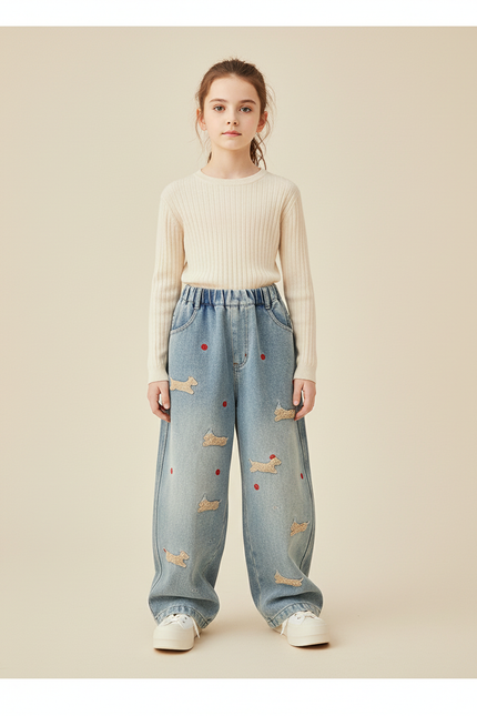 Pantalon Baggy Denim Bleu Brodé Chiens Ample Fille - Jean
