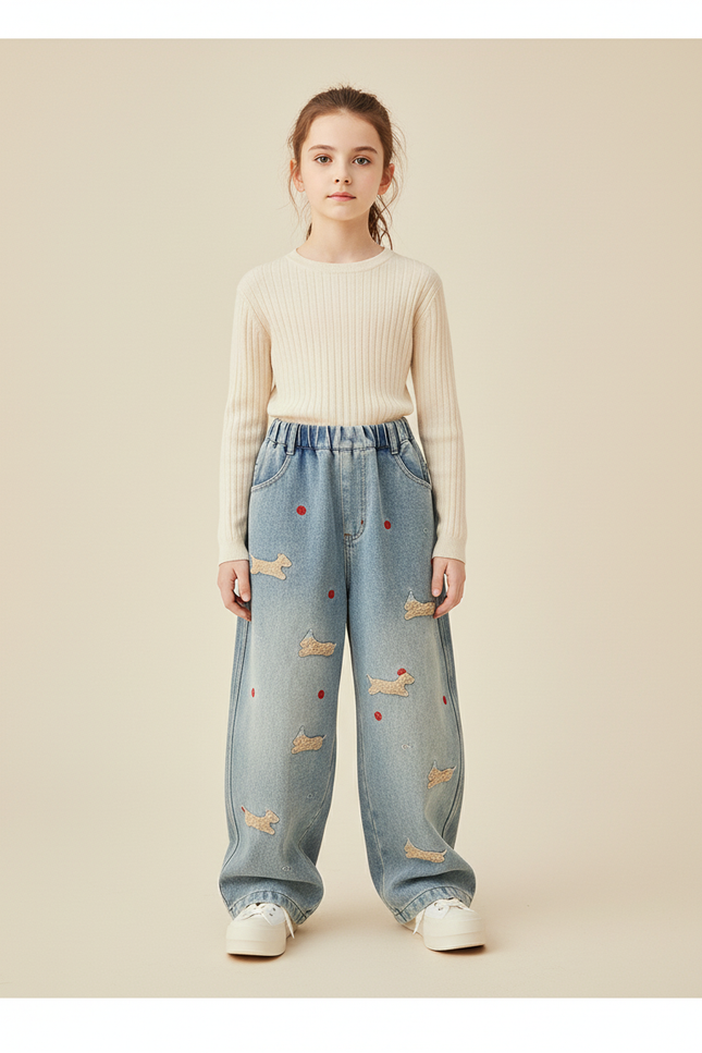 Pantalon Baggy Denim Bleu Brodé Chiens Ample Fille - Jean