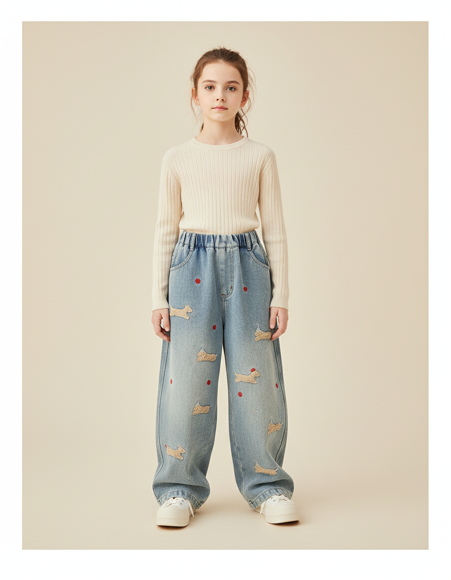 Pantalon Baggy Denim Bleu Brodé Chiens Ample Fille - Jean