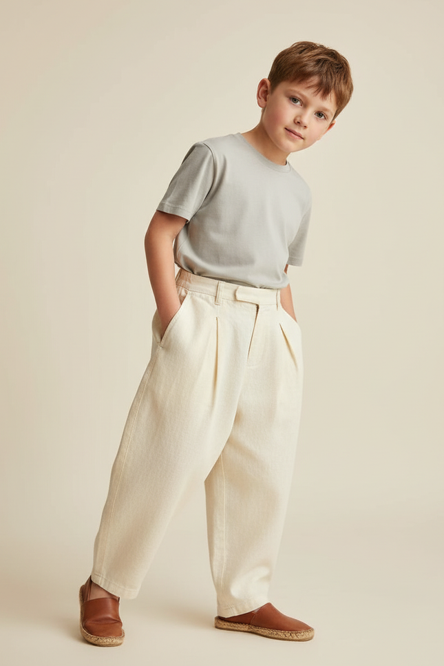 Pantalon Baggy Écru Ample Lin Décontracté Enfant - Beige