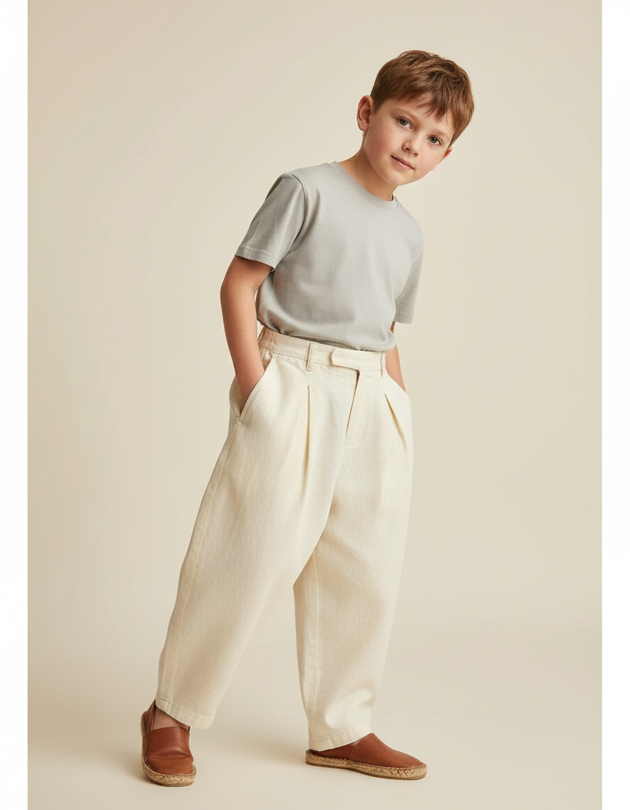 Pantalon Baggy Écru Ample Lin Décontracté Enfant - Beige