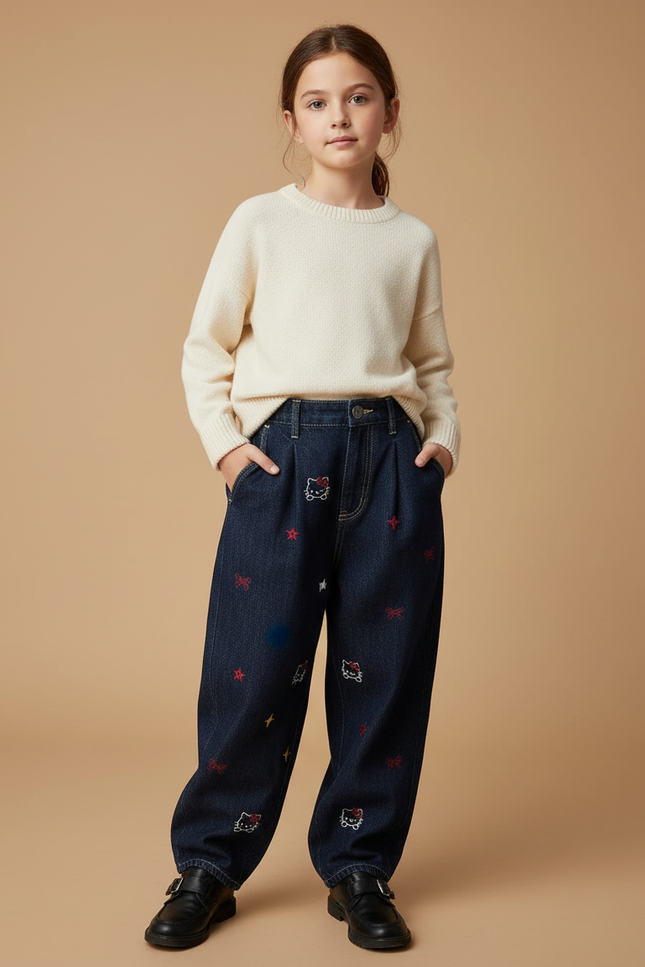 Pantalon Baggy Jean Brodé Hello Kitty Ample Fille - Marine