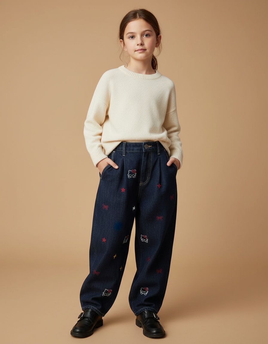 Pantalon Baggy Jean Brodé Hello Kitty Ample Fille - Marine