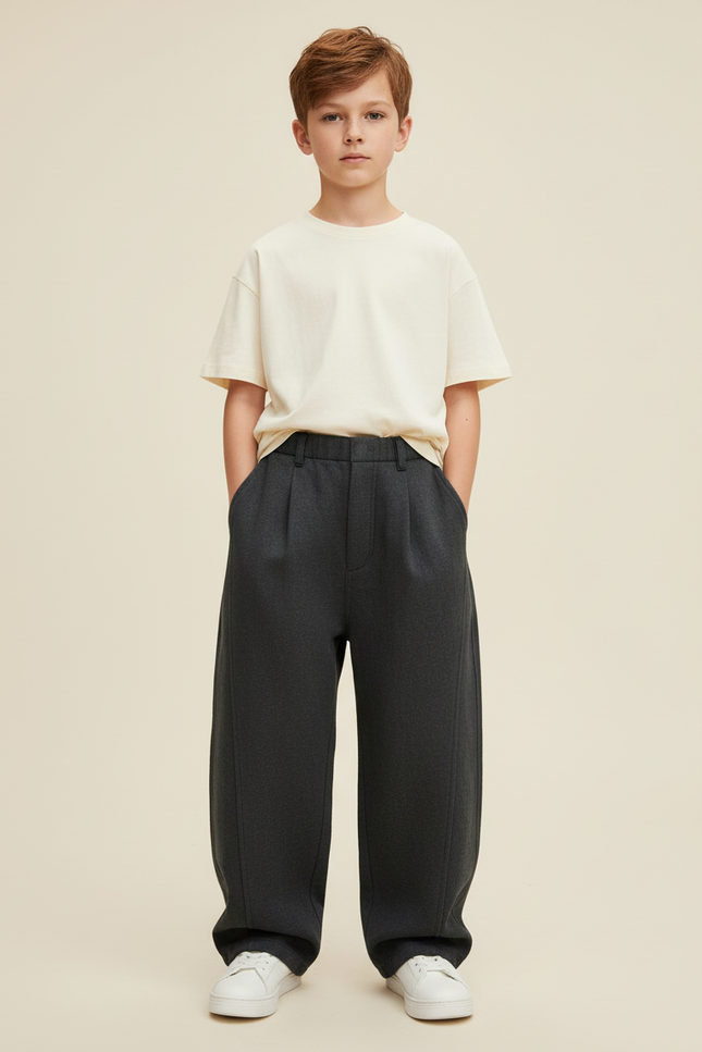Pantalon Baggy Gris Foncé Plissé Ample Garçon - Laine