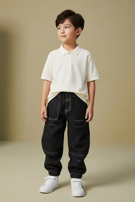 Pantalon Baggy Denim Noir Ample Surpiqûres Contrastées Enfant - Jean