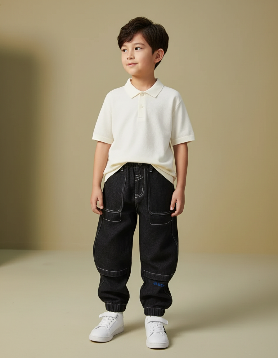 Pantalon Baggy Denim Noir Ample Surpiqûres Contrastées Enfant - Jean