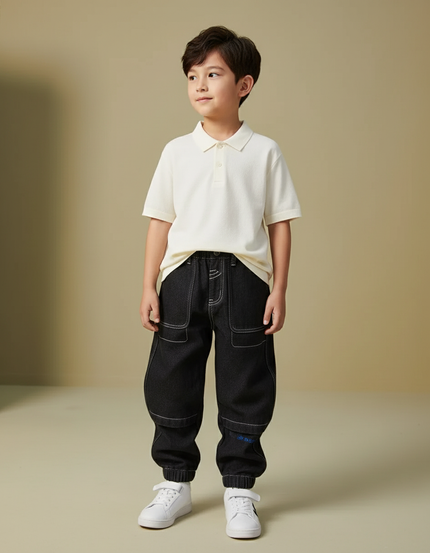 Pantalon Baggy Denim Noir Ample Surpiqûres Contrastées Enfant - Jean