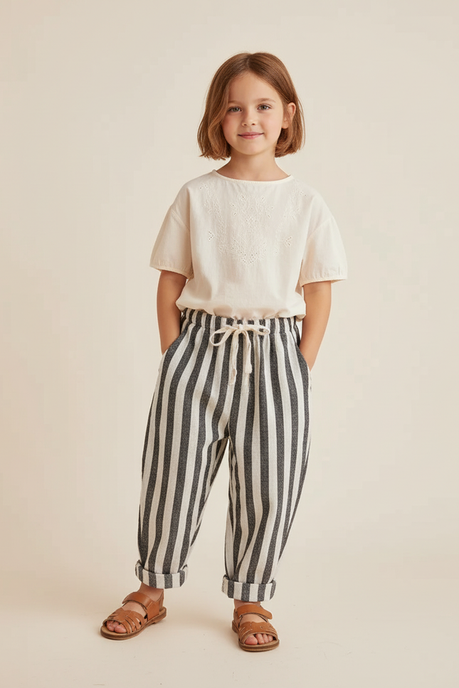 Pantalon Baggy Rayé Noir Blanc Coton Ample Enfant - Multicolore