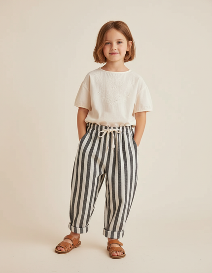 Pantalon Baggy Rayé Noir Blanc Coton Ample Enfant - Multicolore