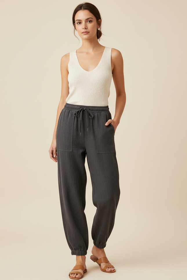 Pantalon Baggy Anthracite Cordon Ample Décontracté Femme - Gris Coton
