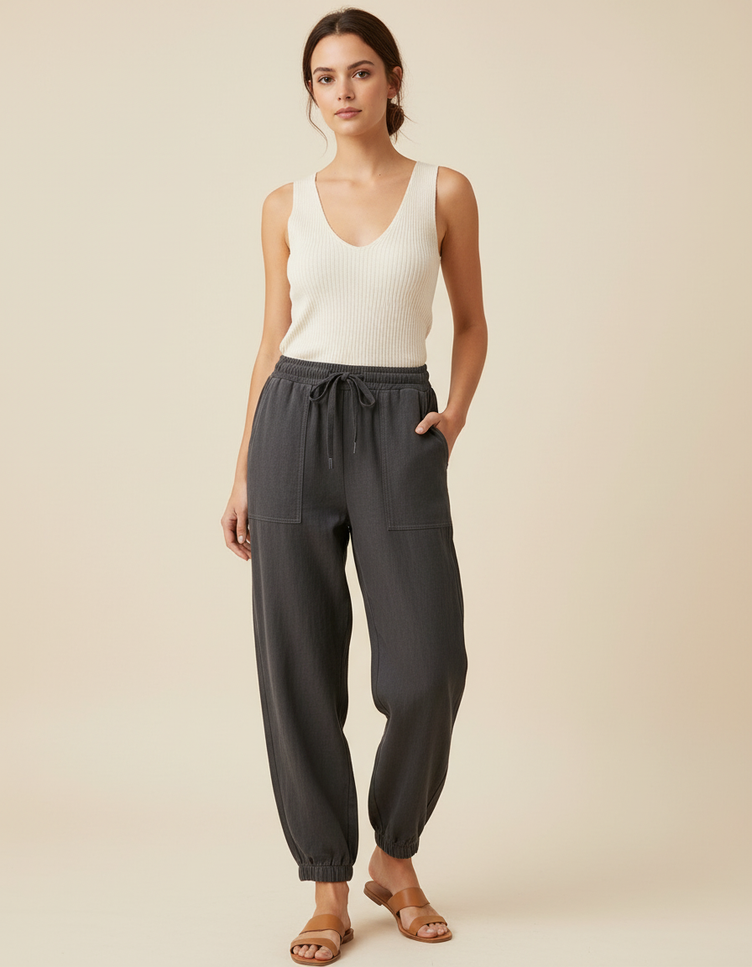 Pantalon Baggy Anthracite Cordon Ample Décontracté Femme - Gris Coton