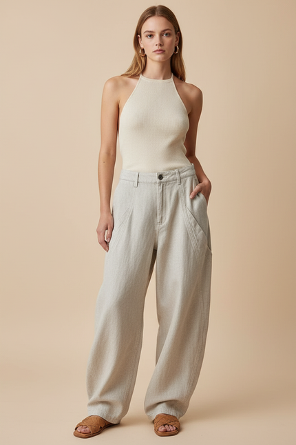 Pantalon Baggy Beige Ample Taille Haute Décontracté Femme - Lin