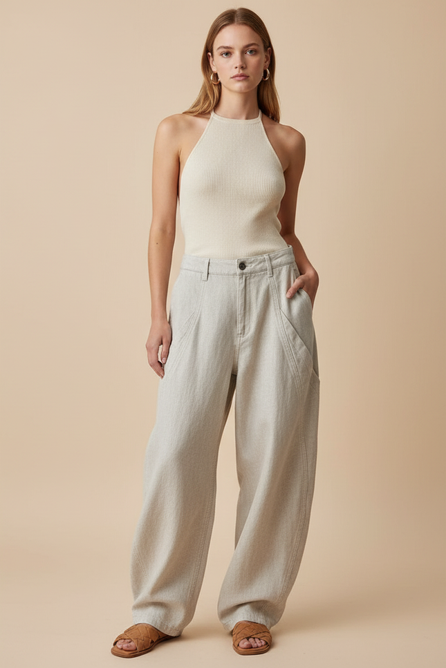 Pantalon Baggy Beige Ample Taille Haute Décontracté Femme - Lin