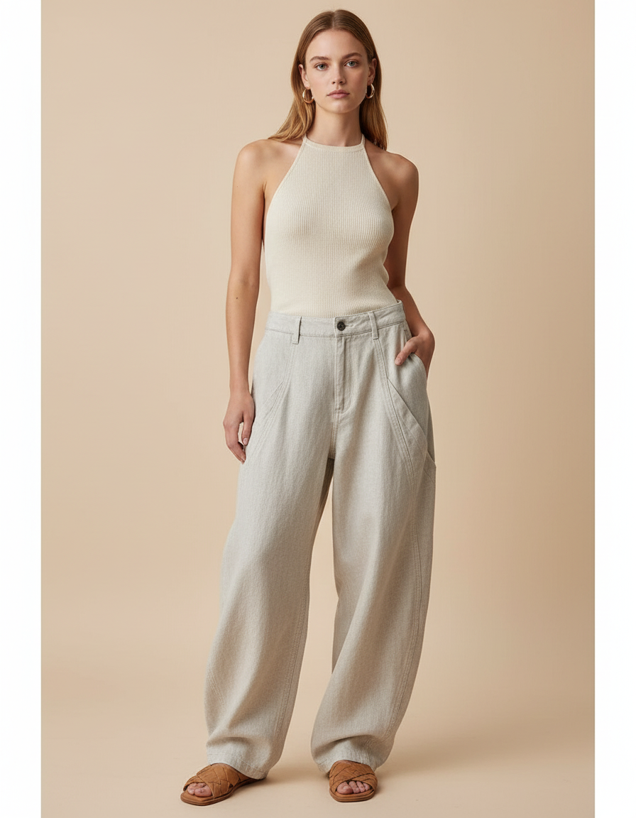 Pantalon Baggy Beige Ample Taille Haute Décontracté Femme - Lin