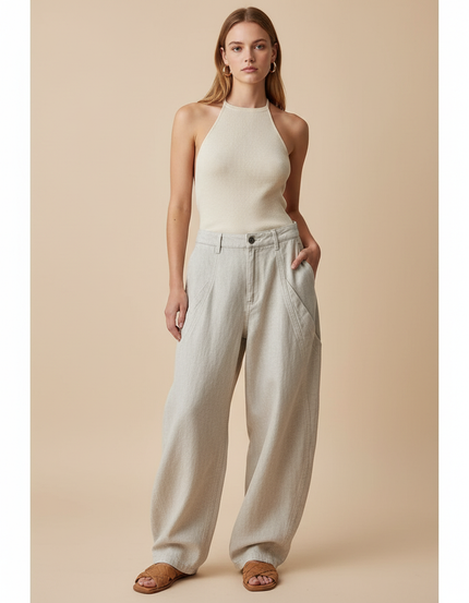 Pantalon Baggy Beige Ample Taille Haute Décontracté Femme - Lin