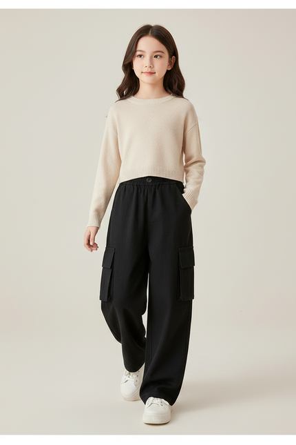 Pantalon Baggy Fille Noir Cargo - Molleton