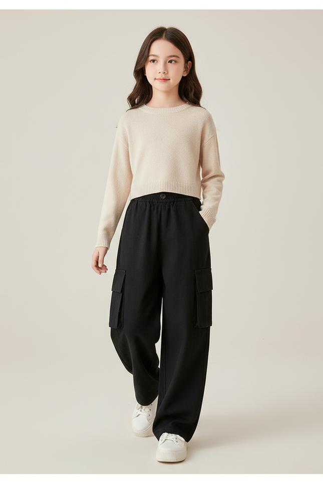 Pantalon Baggy Fille Noir Cargo - Molleton