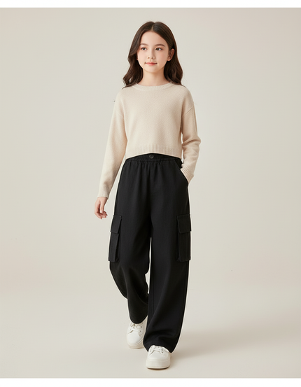 Pantalon Baggy Fille Noir Cargo - Molleton