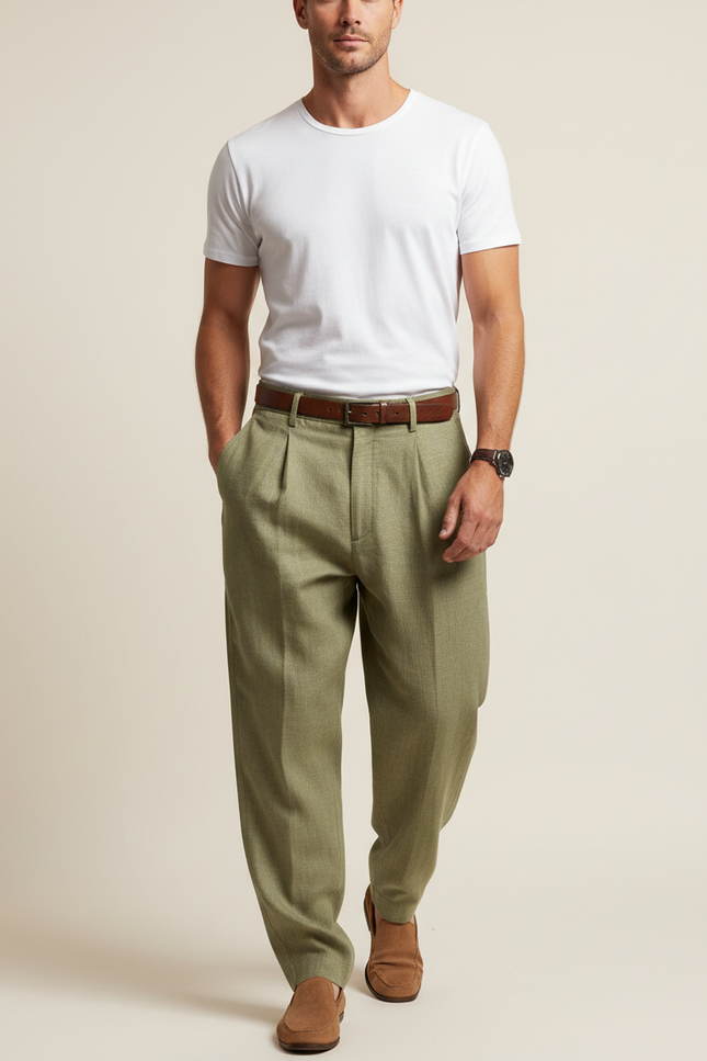 Pantalon Baggy Vert Olive Plissé Ample Homme Élégant - Tweed