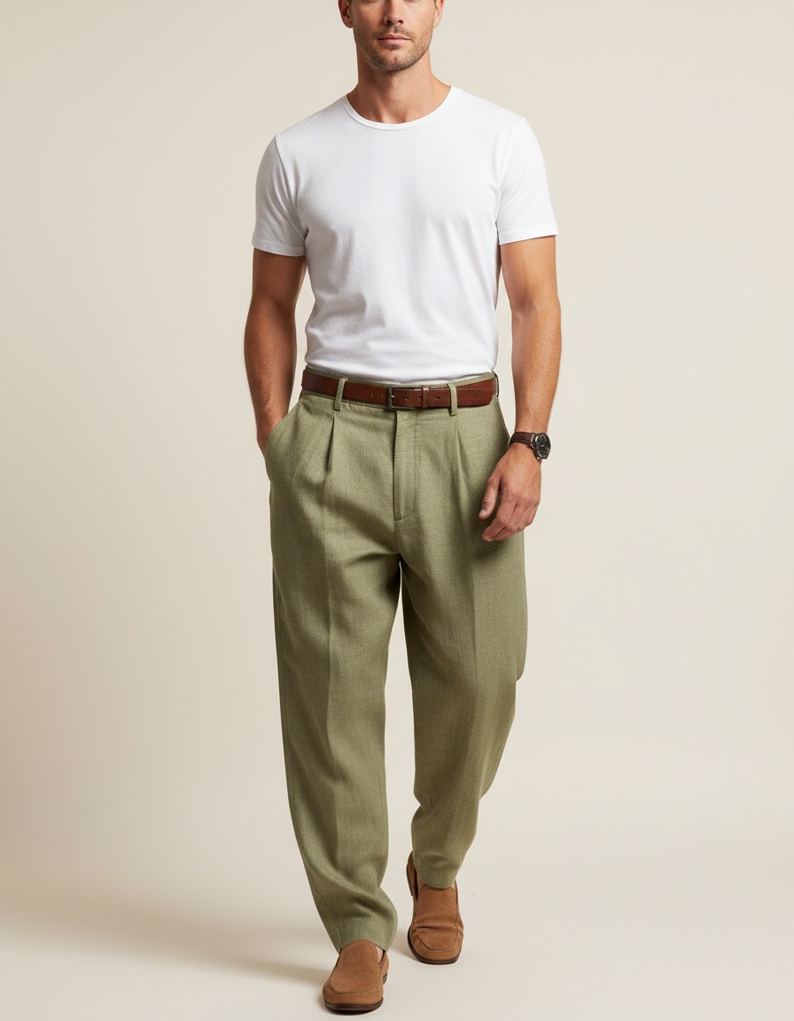 Pantalon Baggy Vert Olive Plissé Ample Homme Élégant - Tweed