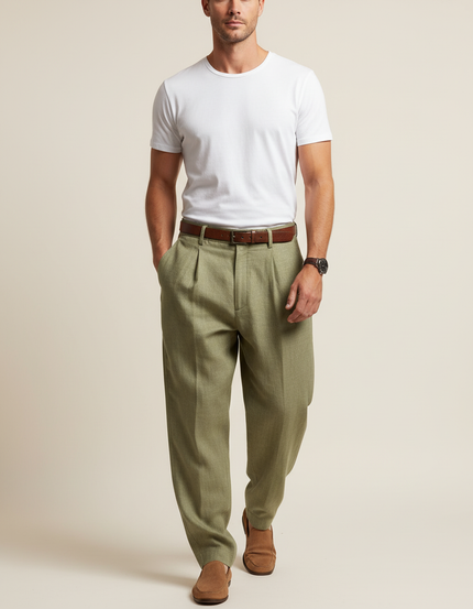 Pantalon Baggy Vert Olive Plissé Ample Homme Élégant - Tweed