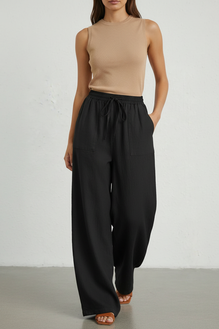 Pantalon Baggy Noir Lin Fluide Ample Décontracté Femme