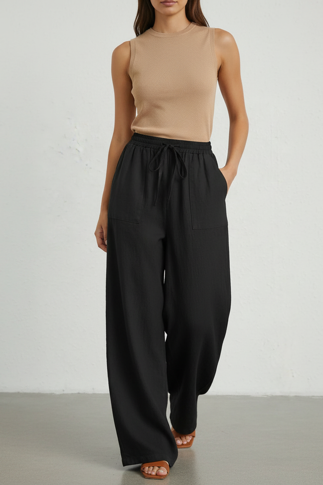 Pantalon Baggy Noir Lin Fluide Ample Décontracté Femme