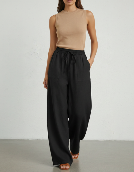 Pantalon Baggy Noir Lin Fluide Ample Décontracté Femme