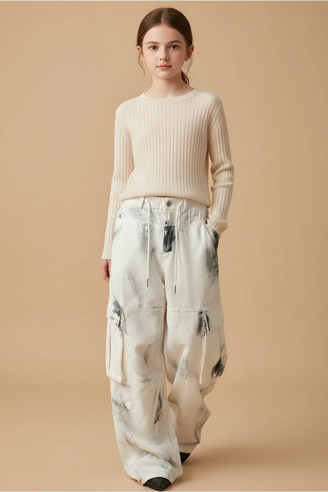 Pantalon Baggy Blanc Jean Ample Cargo Délavé
