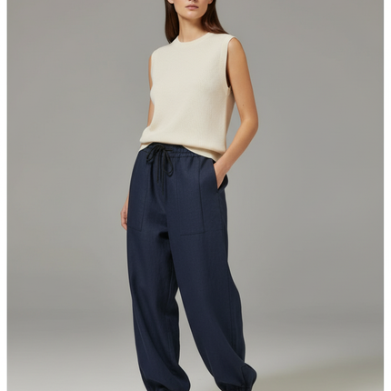Pantalon Baggy Bleu Marine Ample Lin Décontracté Fluide