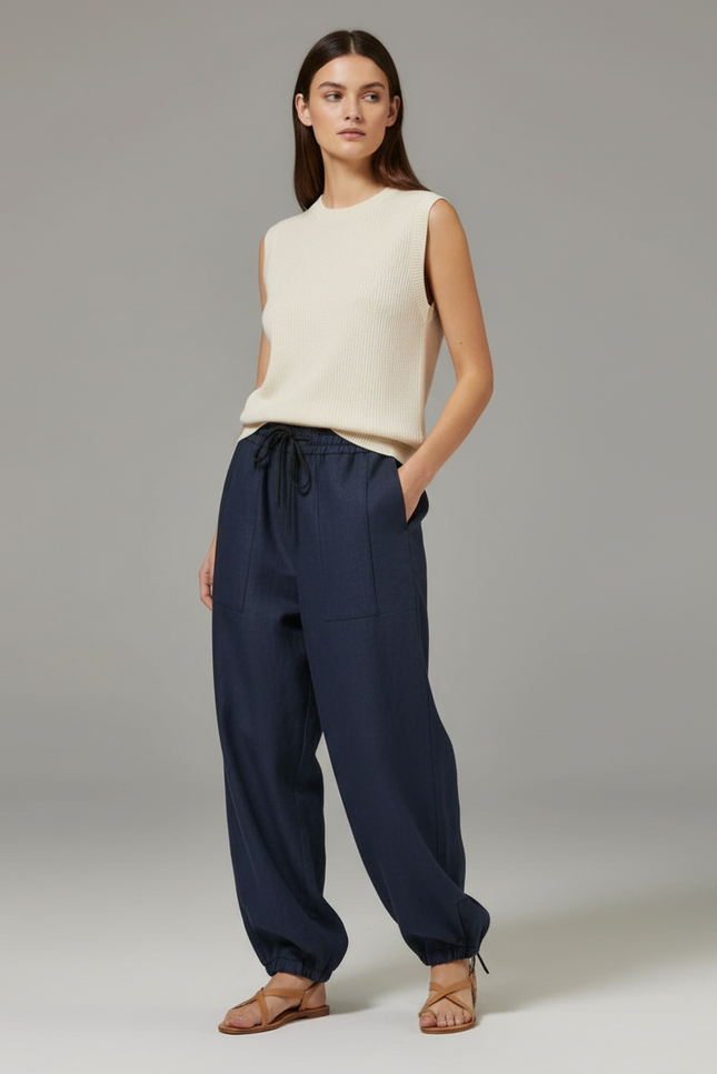 Pantalon Baggy Bleu Marine Ample Lin Décontracté Fluide