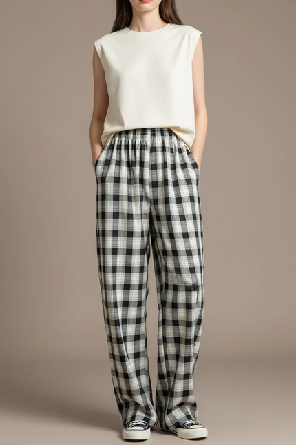 Pantalon Baggy Plaid Noir Blanc Ample Décontracté - Imprimé Coton