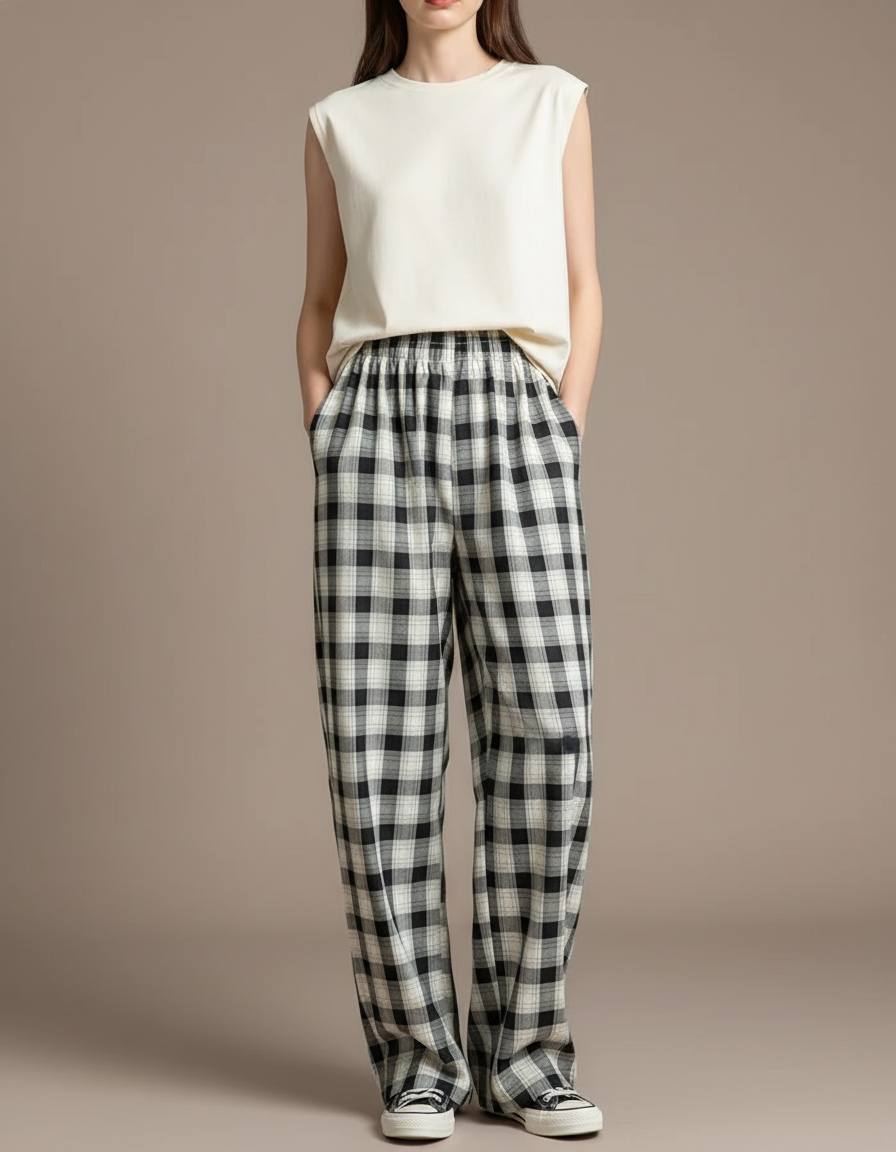Pantalon Baggy Plaid Noir Blanc Ample Décontracté - Imprimé Coton