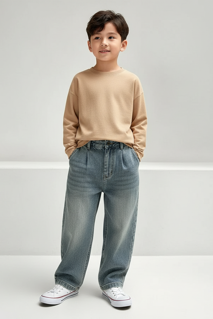 Pantalon Baggy Denim Bleu Ample Plissé Enfant - Jean