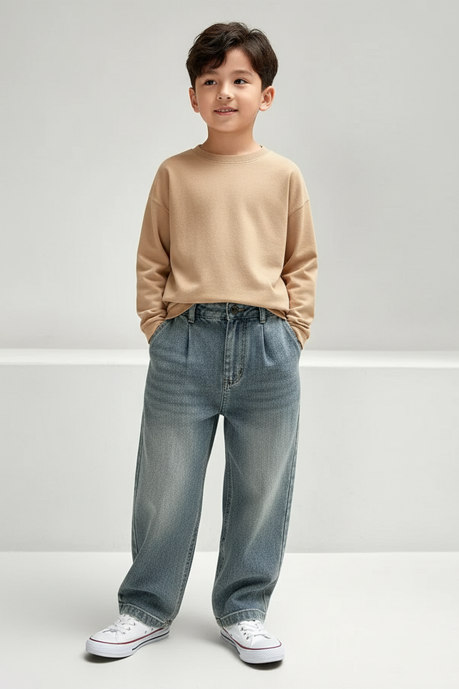 Pantalon Baggy Denim Bleu Ample Plissé Enfant - Jean
