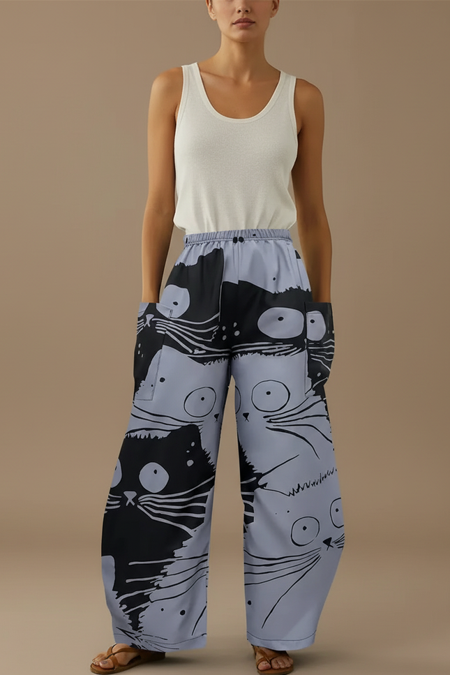 Pantalon Baggy Gris Imprimé Chats Ample Décontracté Femme - Polyester