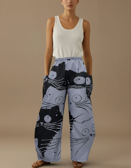 Pantalon Baggy Gris Imprimé Chats Ample Décontracté Femme - Polyester