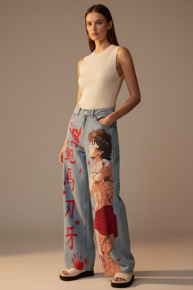 Pantalon Baggy Jean Clair Ample Manga Rouge - Bleu