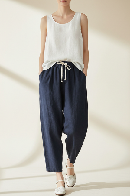 Pantalon Baggy Bleu Marine Lin Ample Décontracté Cordon